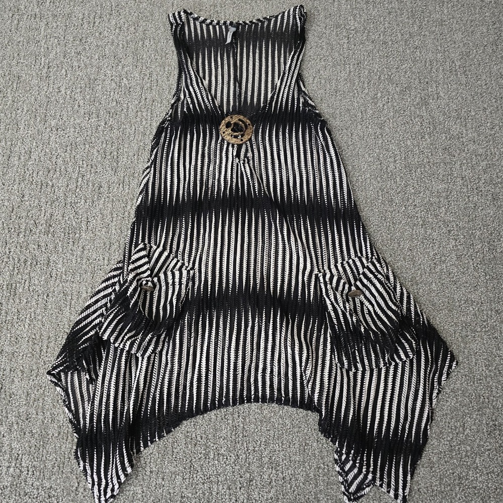 Paradise Asymmetrical Tunic Top Black White Stripe Handkerchief Hem Boho Artsy